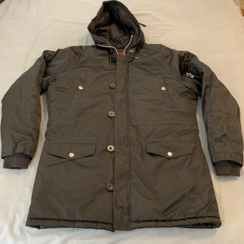 Yoki Coat Mens Large Black Hooded Parka Full Zip Button Pockets Winter Insulated